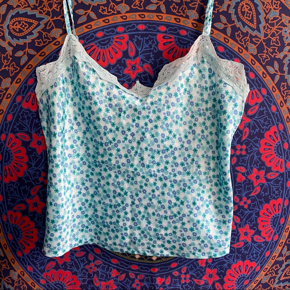 blue floral silk tank top !!